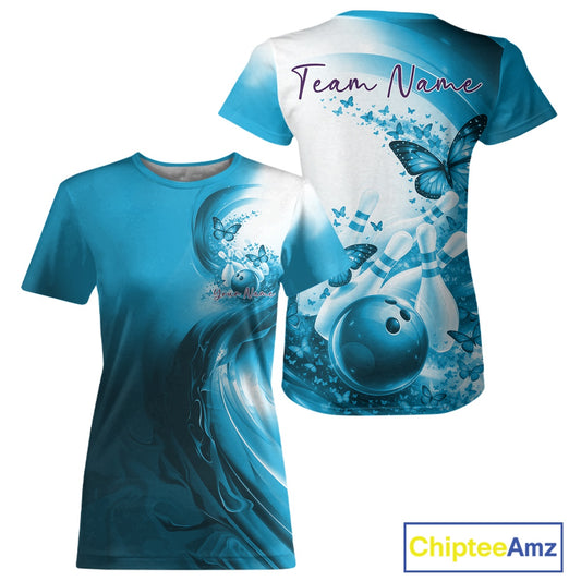 Blue t-shirt with butterfly bowling design and 'Team Name' text on a white background