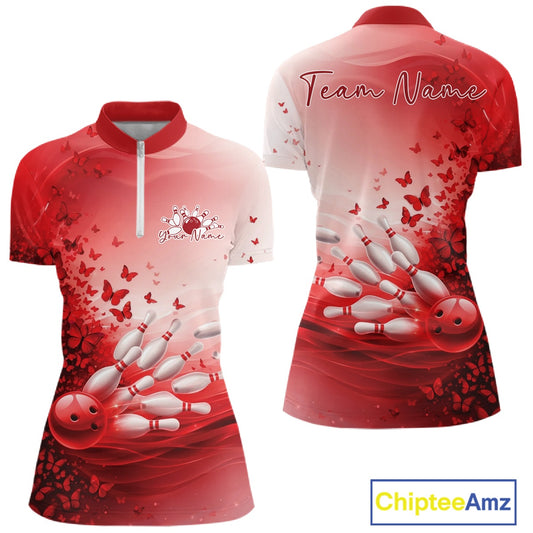 Red and white bowling-themed shirt with butterfly design, 'Team Name' text