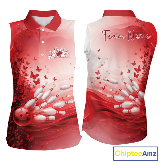 Red and white sleeveless bowling shirt with graphics and text on a white background