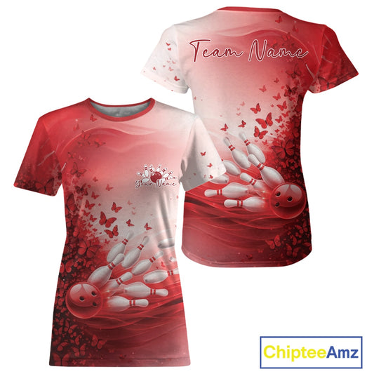 Red and white t-shirt with butterfly bowling design and Custom Name' text, featuring ChipteeAmz branding.