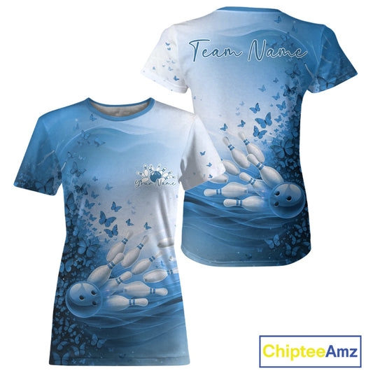 Blue and white t-shirt with butterfly bowling design and 'Team Name' text on a white background