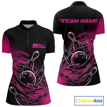Load image into Gallery viewer, Custom Black And Pink Flame Bowling Women Quarter-Zip Shirts, Team Bowling League Shirt IPHW9777