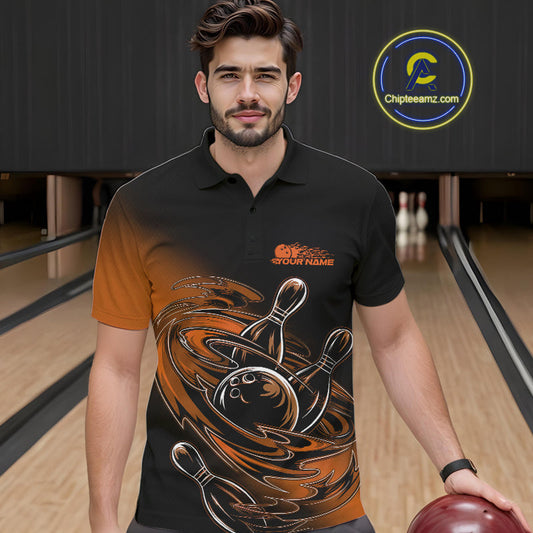 Custom Black And Orange Flame Bowling Polo Shirts For Men, Team Bowling League Shirt IPHW9779