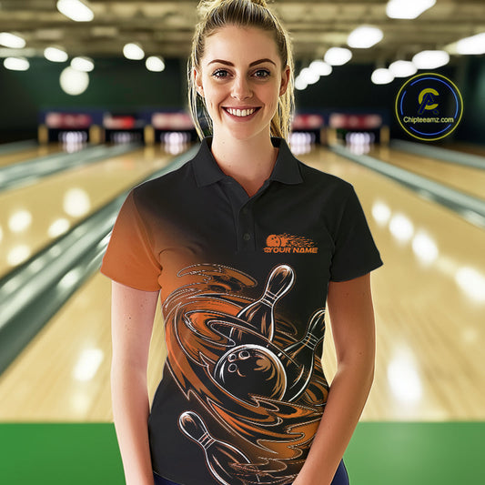 Custom Black And Orange Flame Bowling Polo Shirts For Women, Team Bowling League Shirt IPHW9779
