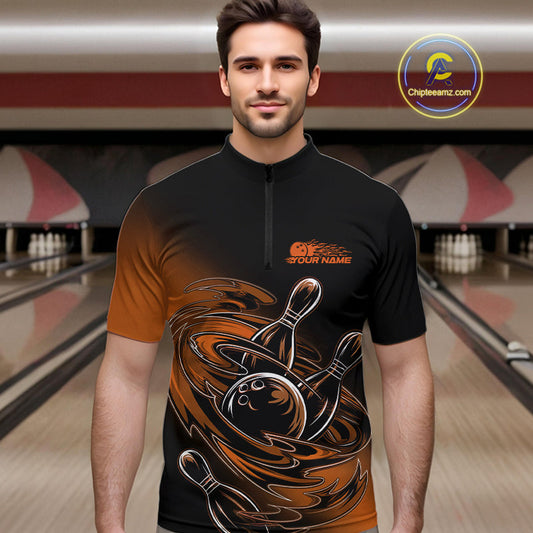 Custom Black And Orange Flame Bowling Quarter-Zip Shirts For Men, Team Bowling League Shirt IPHW9779
