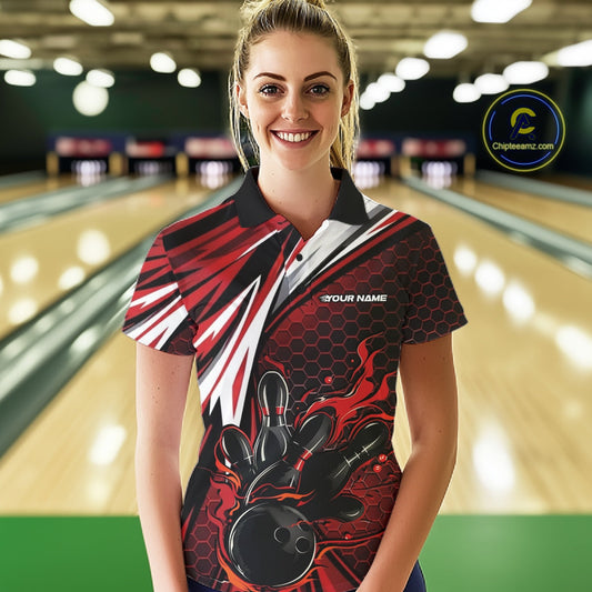 Custom Red Flame Bowling Jerseys For Women, Hexagon Bowling Team Tournament Shirt IPHW10556