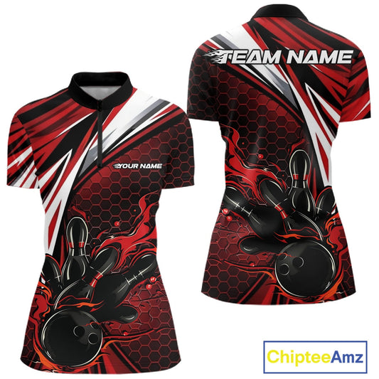 Custom Red Flame Bowling Jerseys For Women, Hexagon Bowling Team Tournament Shirt IPHW10556