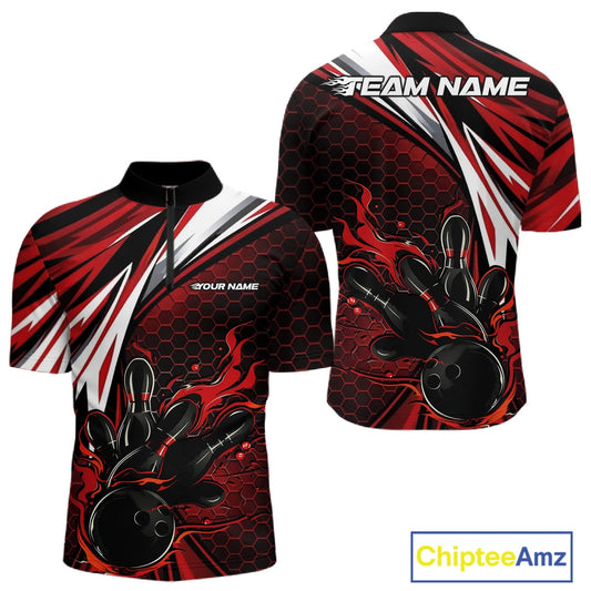 Custom Red Flame Bowling Jerseys For Men, Hexagon Bowling Team Tournament Shirt IPHW10556