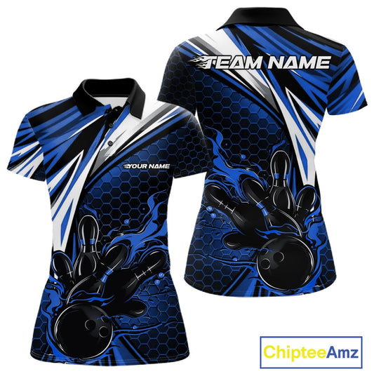 Custom Blue Flame Bowling Jerseys For Women, Hexagon Bowling Team Tournament Shirt IPHW10557