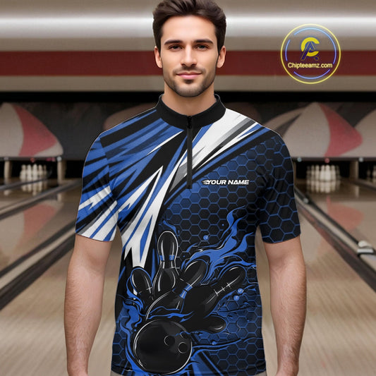 Custom Blue Flame Bowling Jerseys For Men, Hexagon Bowling Team Tournament Shirt IPHW10557