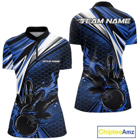 Custom Blue Flame Bowling Jerseys For Women, Hexagon Bowling Team Tournament Shirt IPHW10557