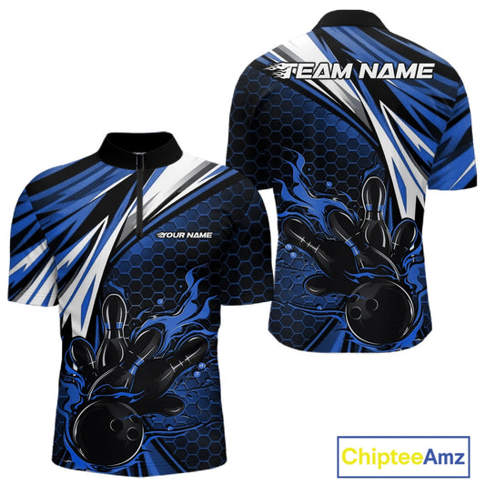 Custom Blue Flame Bowling Jerseys For Men, Hexagon Bowling Team Tournament Shirt IPHW10557