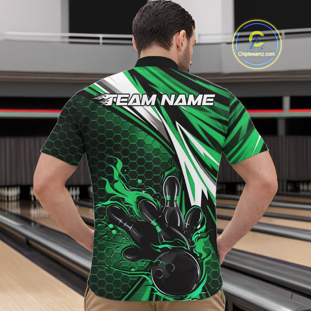 Custom Green Flame Bowling Jerseys For Men, Hexagon Bowling Team Tournament Shirt IPHW10558