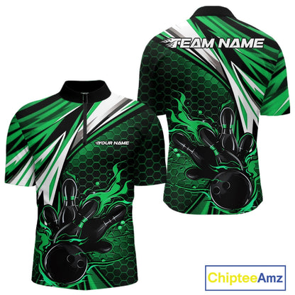 Custom Green Flame Bowling Jerseys For Men, Hexagon Bowling Team Tournament Shirt IPHW10558