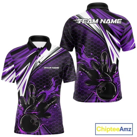Custom Purple Flame Bowling Jerseys For Men, Hexagon Bowling Team Tournament Shirt IPHW10559