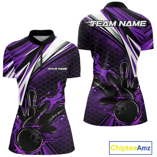 Custom Purple Flame Bowling Jerseys For Women, Hexagon Bowling Team Tournament Shirt IPHW10559