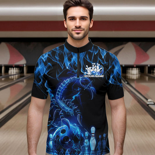 Custom Black And Blue Flame Scorpio Zodiac Bowling Men Quarter-Zip Shirts, Scorpion Bowler Outfit IPHW8972