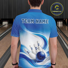 Load image into Gallery viewer, Back view of a male model wearing a white and blue bowling polo shirt featuring flowing wave artwork and a bowling ball striking pins in a bowling alley