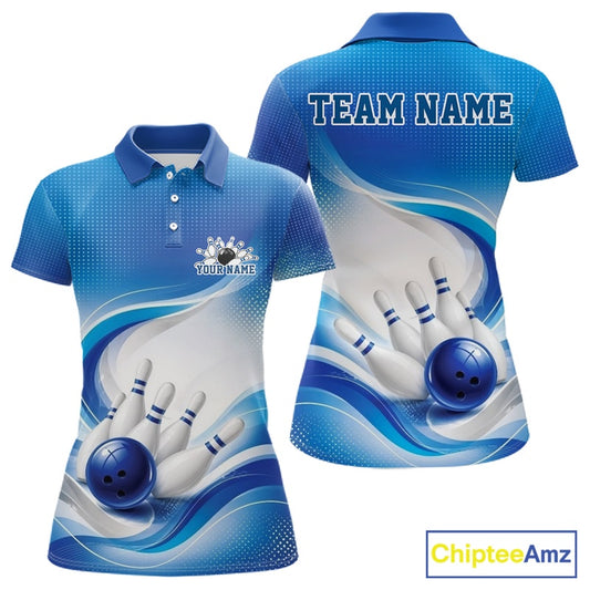 Front and back view of a womens white and blue bowling polo shirt mockup featuring flowing wave artwork and a glossy bowling ball striking the pins