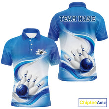 Load image into Gallery viewer, Front and back mockup of a mens white and blue bowling polo shirt featuring wave-style graphics and bowling action imagery