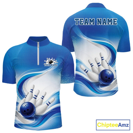 Front and back view of a mens white and blue bowling quarter-zip shirt showcasing curved wave accents and bowling-themed imagery