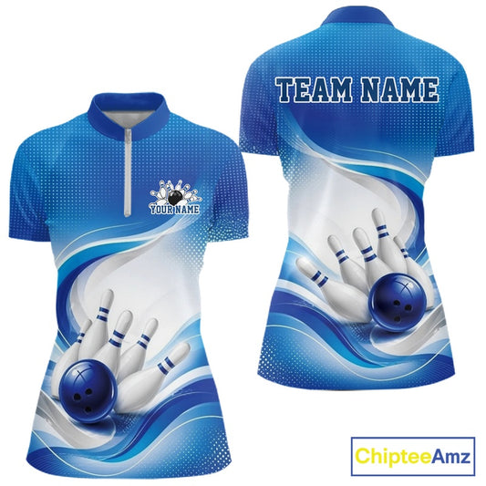 Front and back view of a womens white and blue bowling quarter-zip mockup with abstract wave artwork and bowling-inspired details