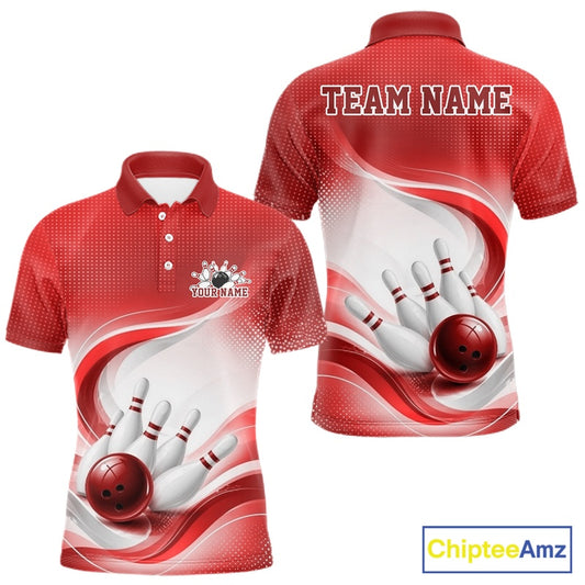 Front and back mockup of a mens white and red bowling polo shirt showcasing dynamic wave designs and a glossy bowling scene