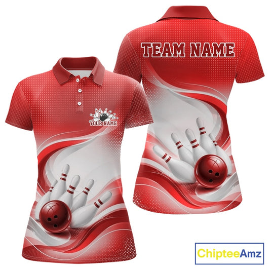 Womens white and red bowling polo shirt mockup shown from both sides with flowing wave designs and bowling-inspired imagery