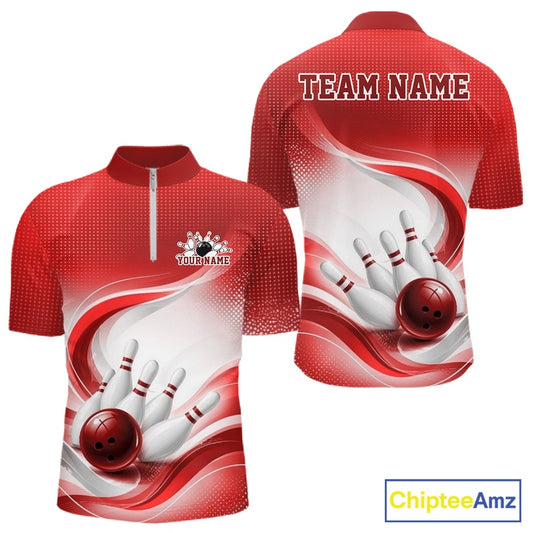 Front and back mockup of a mens white and red bowling quarter-zip showcasing wave-inspired artwork and bowling action details