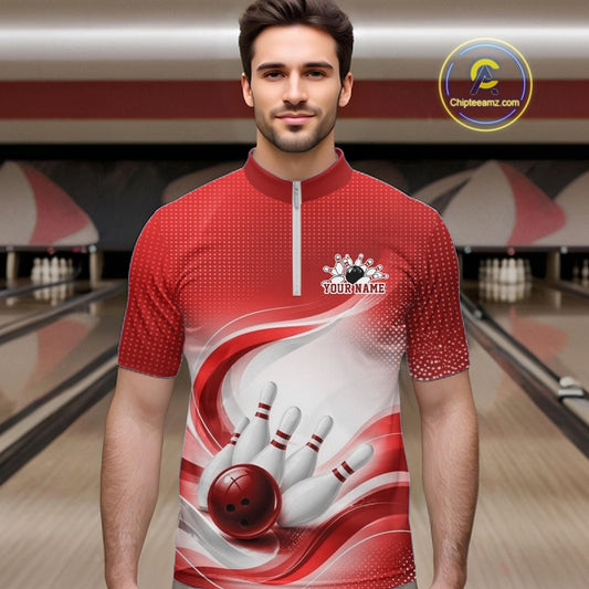 White and red bowling quarter-zip worn by a male model, featuring sweeping wave accents and a glossy bowling scene