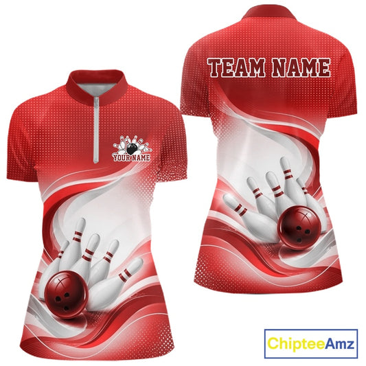 Womens white and red bowling quarter-zip mockup displayed from front and back with elegant wave patterns and a bowling strike motif