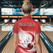 Load image into Gallery viewer, Womens white and red bowling quarter-zip shirt shown from the back, highlighting abstract wave graphics and bowling-inspired artwork