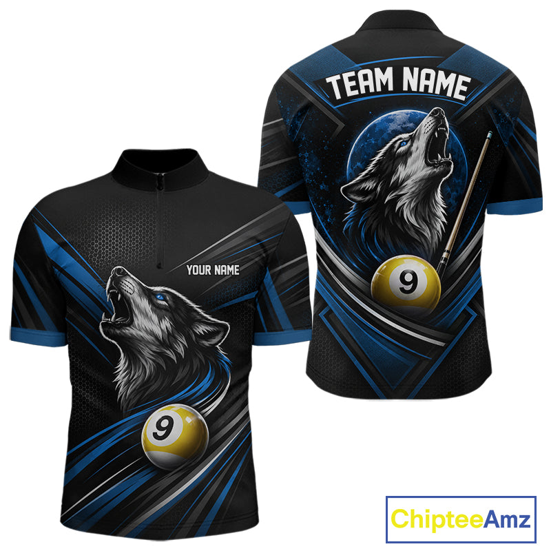 Custom Black And Blue Wolf 9 Ball Billiards Men Quarter Zip Shirt, Billiards Team Jersey IPHW11673
