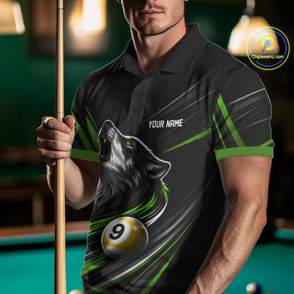 Custom Black And Green Wolf 9 Ball Billiards Men Polo Shirt, Billiards Team Jersey IPHW11674