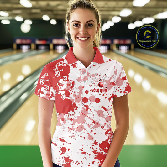 Custom Red Splatter Bowling Team League Shirts For Women, Bowling Jerseys Bowler Outfit IPHW10593