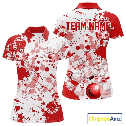 Custom Red Splatter Bowling Team League Shirts For Women, Bowling Jerseys Bowler Outfit IPHW10593