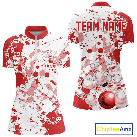 Custom Red Splatter Bowling Team League Shirts For Women, Bowling Jerseys Bowler Outfit IPHW10593
