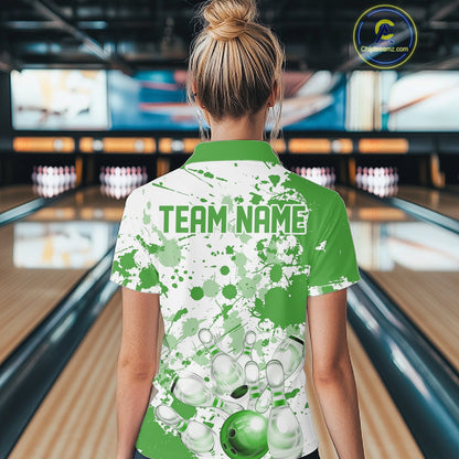 Custom Green Splatter Bowling Team League Shirts For Women, Bowling Jerseys Bowler Outfit IPHW10594