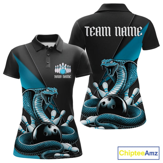 Front and back black womens bowling polo featuring a blue cobra coiled around a bowling ball and scattered pins.