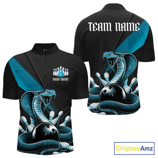 Front and back black mens bowling quarter-zip featuring a blue cobra coiled around a bowling ball and scattered pins.