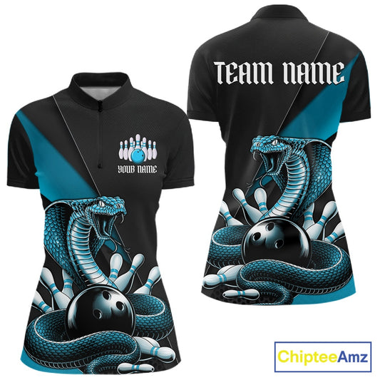 Front and back womens black bowling quarter-zip featuring a blue cobra wrapped around a bowling ball with scattered bowling pins.