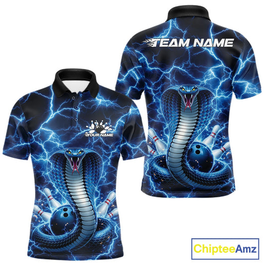 Front and back mens bowling polo featuring a blue cobra coiled around a bowling ball with bold lightning background artwork.