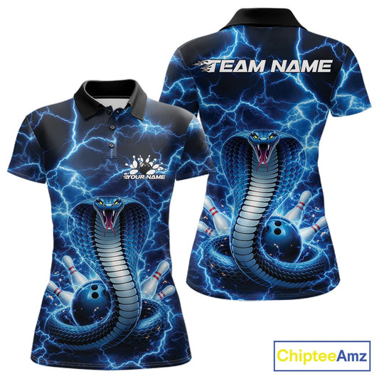 Front and back womens bowling polo featuring a blue cobra coiled around a bowling ball with striking lightning artwork.