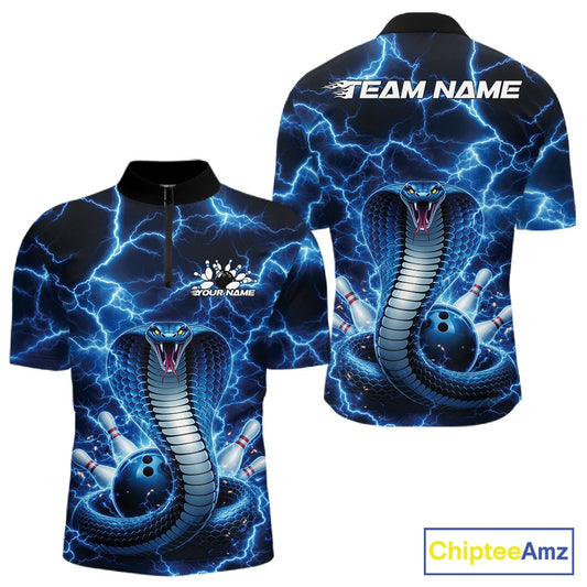 Front and back mens bowling quarter-zip featuring a blue cobra coiled around a bowling ball with lightning background artwork.