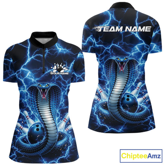 Front and back womens bowling quarter-zip featuring a blue cobra coiled around a bowling ball with striking lightning background artwork.
