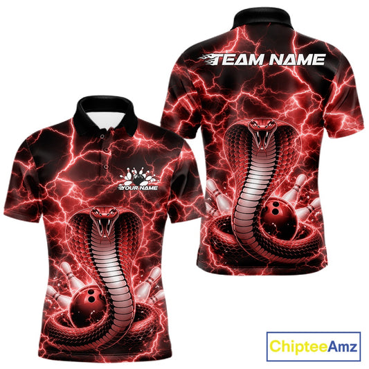 Front and back mens bowling polo featuring a red cobra coiled around a bowling ball with striking lightning background graphics.