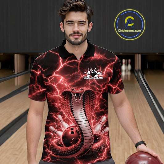 Male model at the bowling lane wearing a bowling polo with red cobra artwork and lightning-inspired bowling design.
