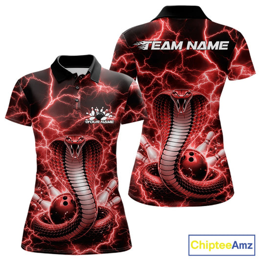 Front and back womens bowling polo featuring a red cobra coiled around a bowling ball with lightning background artwork.