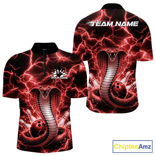 Front and back mens bowling quarter-zip featuring a red cobra coiled around a bowling ball with dramatic lightning graphics.