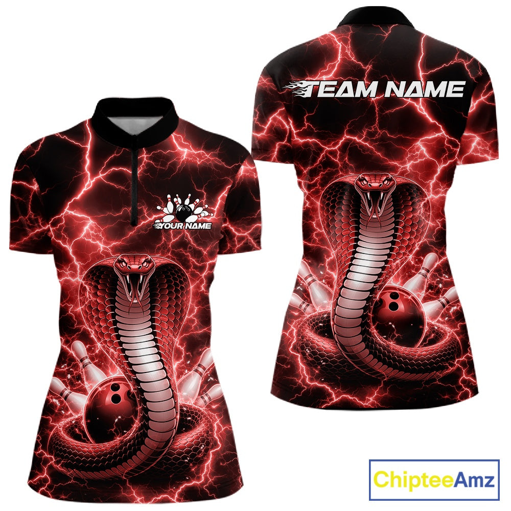 Front and back womens bowling quarter-zip showcasing a red cobra coiled around a bowling ball with an electrifying lightning background.